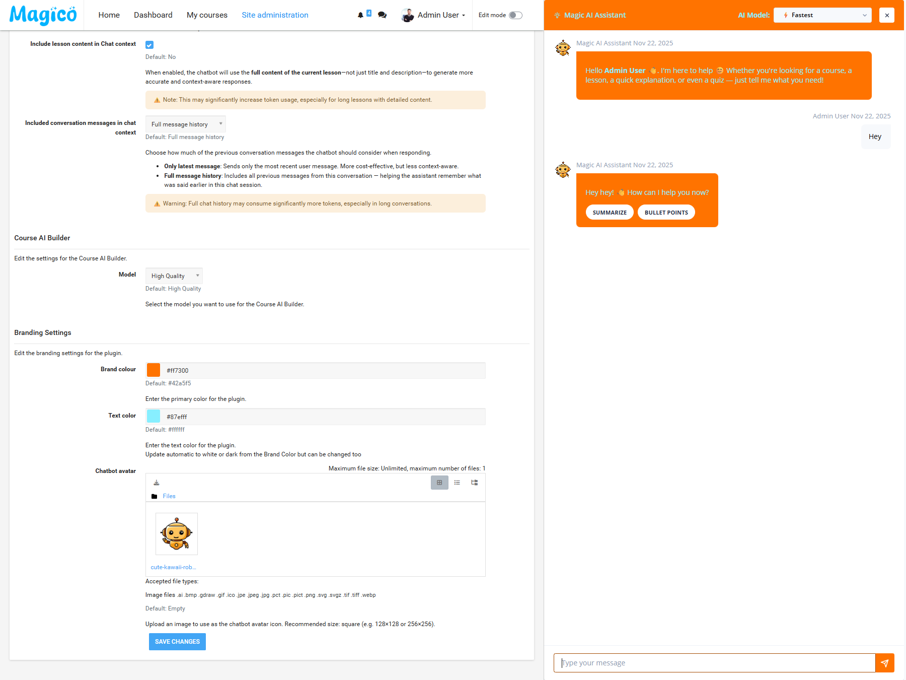 Magic AI Assistant chatbot interface with branding settings